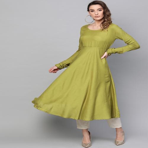ZYXA Women's Regular Fit Plain Rayon Anarkali Kurti with Extened (Churi) Sleeves - GREEN, S