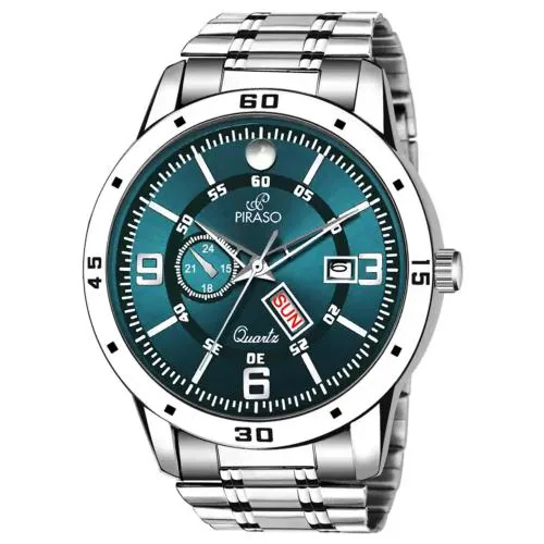 PIRASO Blue Dial Analog Day and Date Working Display MESH Strap Watch for Men & Boys (D&D F95 BLUE SILVER CHAIN)