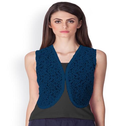 Akido Sleeveless Style Cotton Net Short Floral Design Shrug for Women & Girls For both Regular and Formal Wear (Blue)