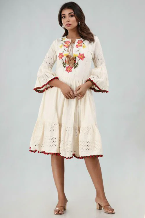 Fashion Dwar Women White Embroidered Pure Cotton Dress (XL)