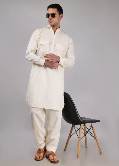 Narayan Bhakti Mens Pathani Suit Solid Premium Cotton Knee Length Regular Fit Ethnic/Casual Colour-White( Size-42 )