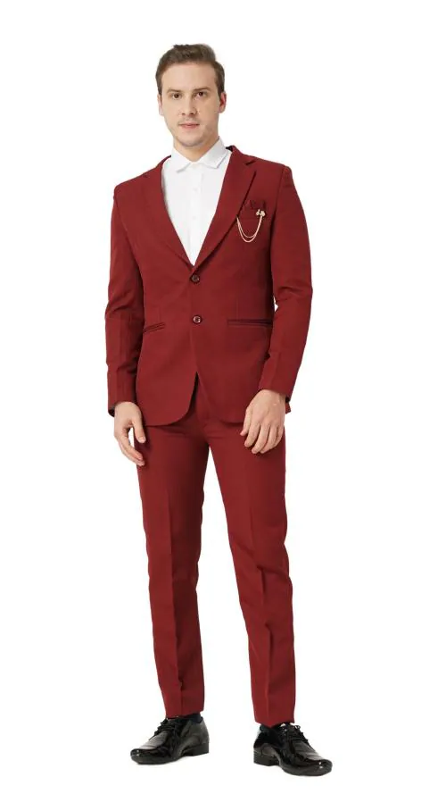 MR. DULHA Single Breasted Blazer Slim Fit Solid Men Suit Mens Self Design Formal Three Piece Set, Mens Wedding Suit, Suit for Engagement, Mens Suit for Office Wearing, Suit Set for Men-REDDIDH MAROON-42
