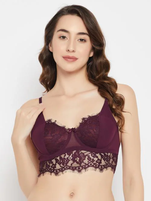 Clovia Padded Underwired Full Cup Bralette in Wine Colour - Lace