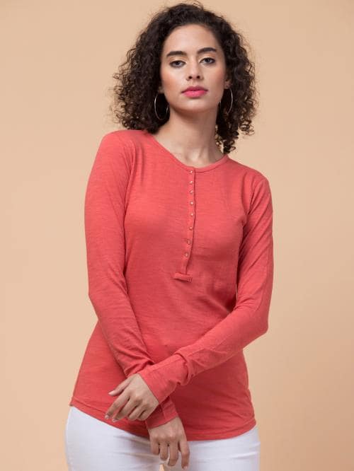 HIVE 91 Rust Color,women Cottton Tshirt, Round Neck with Touch Button Open
