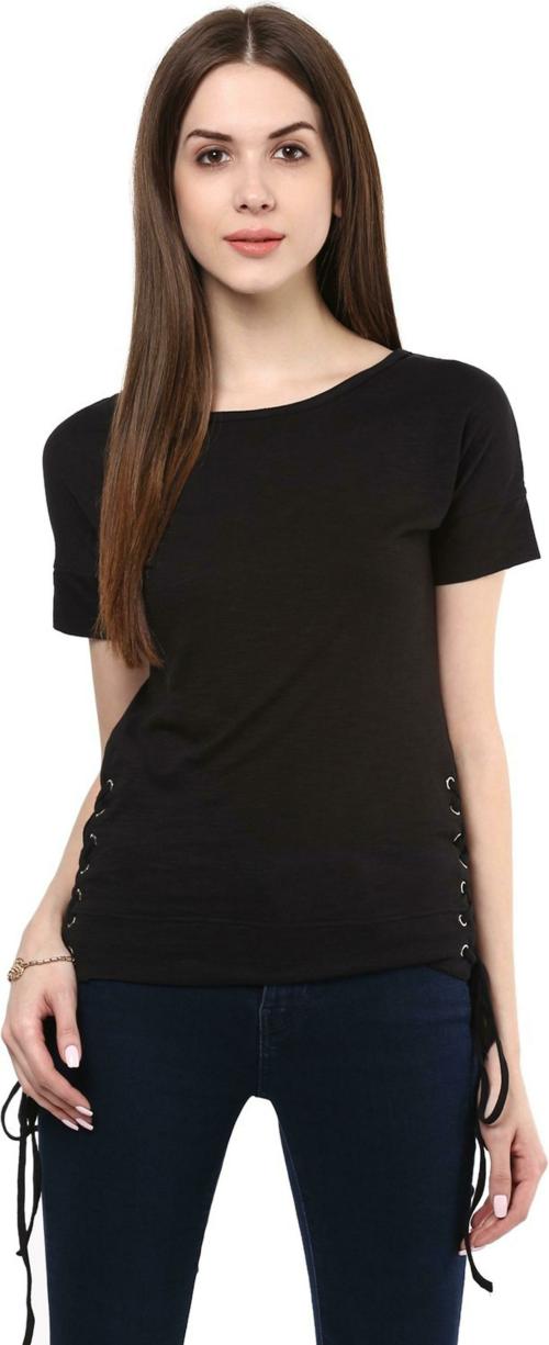Pluss Women Black Solid Pure Cotton Casual Regular Sleeve Top