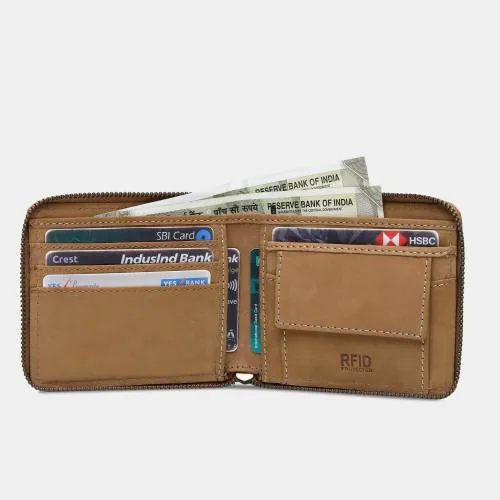 VERMELLO Mens Light Brown Genuine Leather RFID Wallet