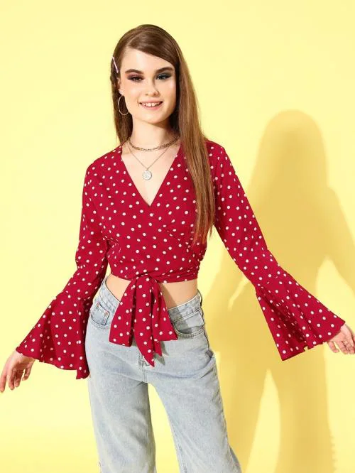 Style Quotient Women Red Polka Dotted Twist & Knot Top