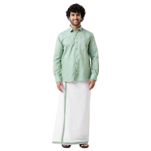 UATHAYAM Varna Summer Green Cotton Slim Fit Solid Full Sleeve Shirt and Dhoti Set Combo