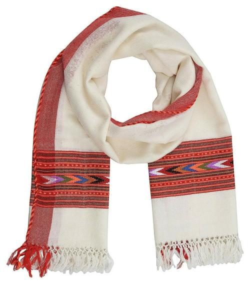 Woolen Stole with Kullu Typical Weaving on Handloom white