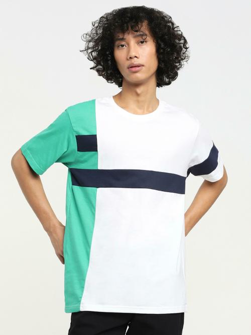 Bewakoof Men's Bubble Gum Color Block Round Neck Short Sleeve Oversized T-shirt