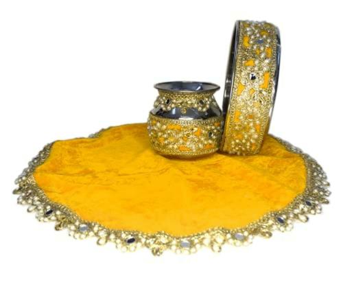 LOOPS N KNOTS Handcrafted Karwa Chauth Pooja Thali Cover Lota and Channi Set 25.4 x 25.4 x 2.54 cm