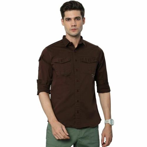 BEVDAAS Cocoa Commando Regular Collar Dark Brown Cargo Shirt for Men