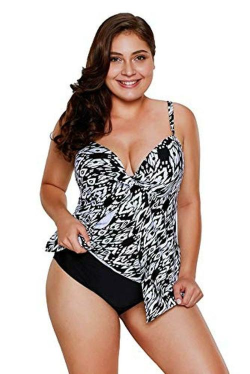 Plus Curvves Plus Size Monochrome Printed Flyaway Overlay 2pcs Swimwear - XL