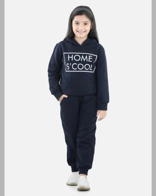 StyleStone Girls Navy Home S'Cool Printed Hooded Track Suit Set