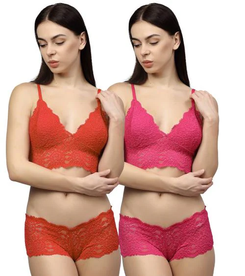 Samvar Women Cotton Bra Panty Set for Lingerie Set ( Pack of 2 ) ( Color : Red,Pink )