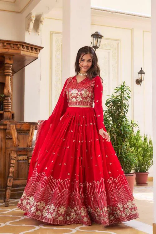 DHRUVINS Traditional Lehenga Choli Set for Women - Elegant Indian Wedding Outfit, Designer Lehenga Choli with Embroidery, Perfect for Festive Occasions & Cultural Celebrations (RED - XXL)