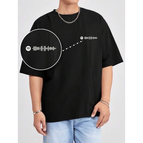 WintRain Scan Barcode & Play a Song In Spotify Printed Boy's Round Neck Dark Black 100% Cotton Loose Downshoulder T-Shirt(Size-S)