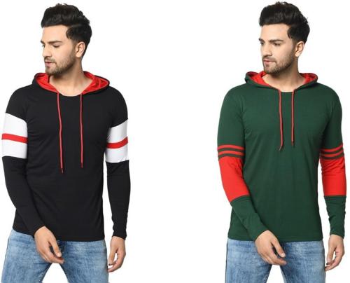 Sidkrt Men Red, Green Striped Pure Cotton Pack Of 2 Hooded Neck T-Shirt| T shirt for men| Tshirt| Tshirt Men|