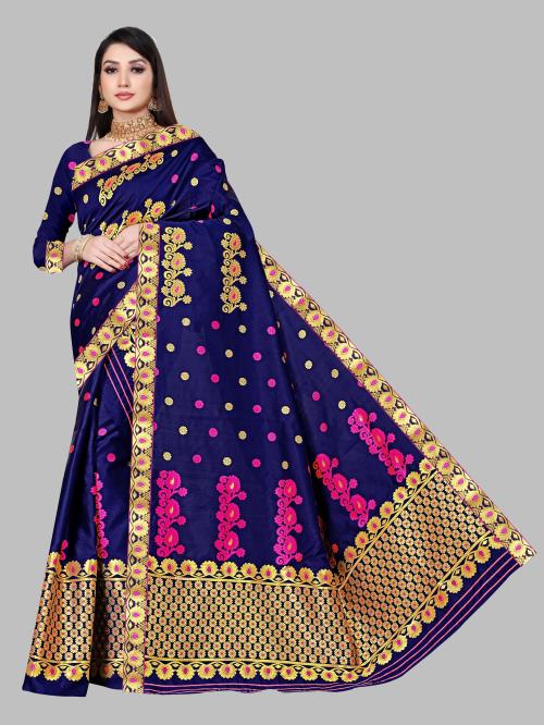 Flovizone Hub Women Dark Blue Woven Woven Mekhela Chador Saree (461-Navy Blue)