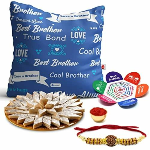 Buy Indigifts Cushion, Kaju Katli, Roli with Card Rakhi Gift Hamper Set