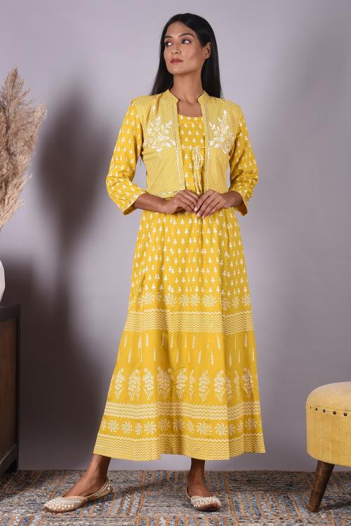 Indiwest Yellow Printed Long Cotton Kurti with Embroidered Jacket