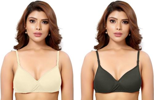 LORLIVA Women Beige, Black Cotton Blend Pack of 2 Non-Padded Bra (30A)