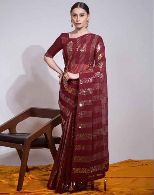 Satrani Georgette Maroon Color Saree with Blouse piece