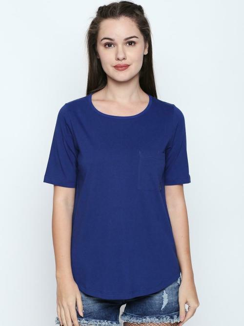 Disrupt Women Royal Blue Solid Cotton Blend Round Neck T-Shirt