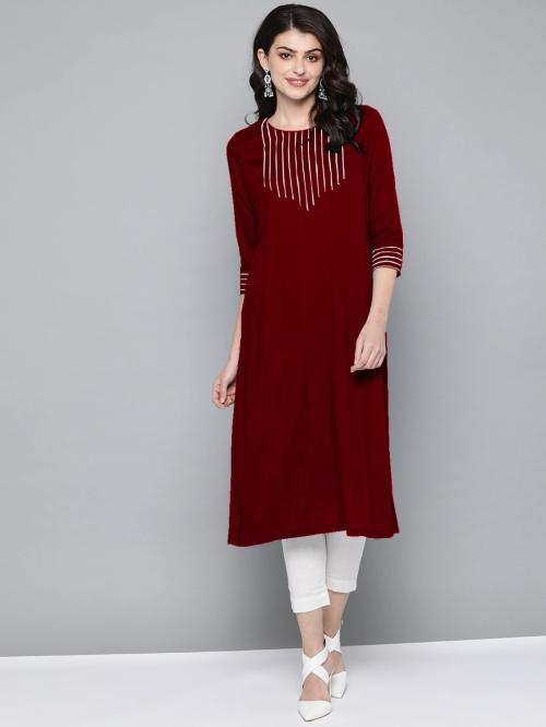 WOMEN VILLAGE Women Maroon Embroidered Viscose Rayon Pathani Kurta - L