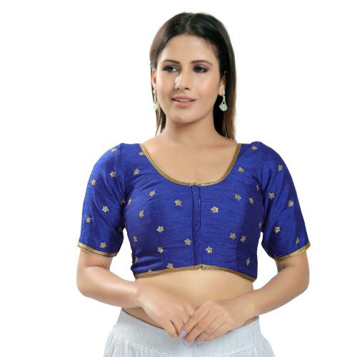 Salwar Studio Women's Royal Blue Silk Embroidered Readymade Saree Blouse