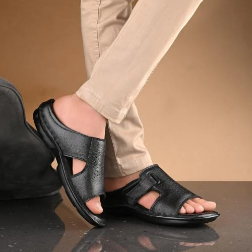 G Walk 100% Genuine Leather Slip on Slippers For Men (Black)