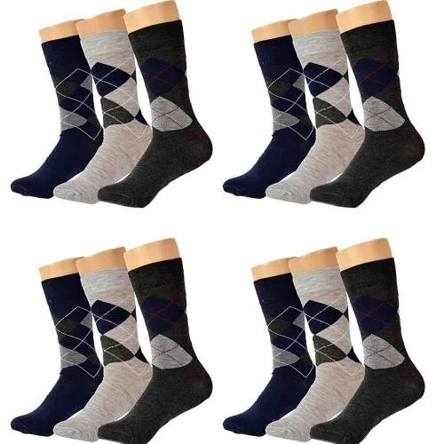 Cotson Men Diamond Formal Cotton Socks Pack of 12 -(4 D.Gray, 4 Navy, 4 Silver)