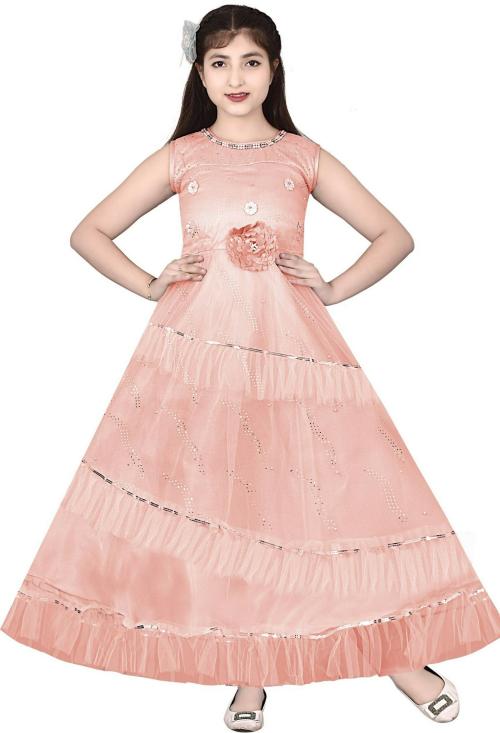 Naarz Fashion Girls Pink Solid Net A-Line Gown Dress (13 to 14 Years)