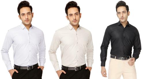 Kundan White, Cream, Black Cotton Blend Solid Men Pack of 3 Formal Shirts