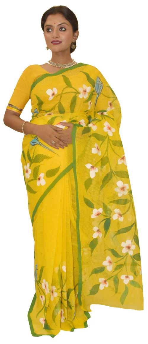 Kheyali Boutique Hand Painted Yellow Resham Kota Saree