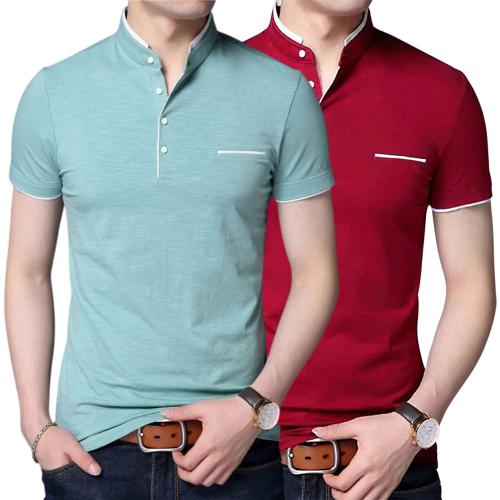 PIXIE FASHION Stylish and Handsome Mandarin Collar Half Sleeve T Shirt for men Combo (Pack of 2 ) - (SeaGreen and Red)