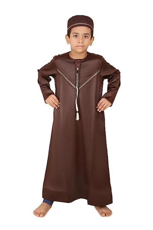 Aaraish Brown Thobe for kids | Omani full Sleeve Jubba | Lightweight and Breathable Fabric | Easy to Wash|Regular Fit Premium Imported Quality for Kids | Traditional dress (Brown,10 Year)