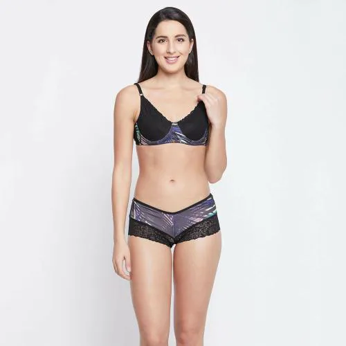 Clovia Black Floral Print Polyamide Bra Panty Set