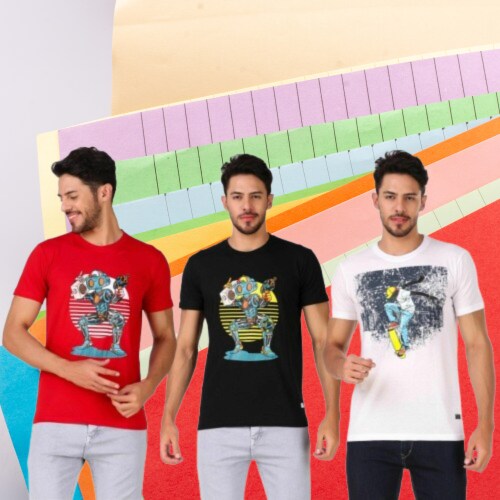 RADIOACTIVE IN FASHION BRANDED SKATEBOARD AND ROBOT DESIGN PRINTED COMBO 3 T-SHIRT FOR MEN | COLOR-RED-BLACK-OFF-WHITE | SIZE-L