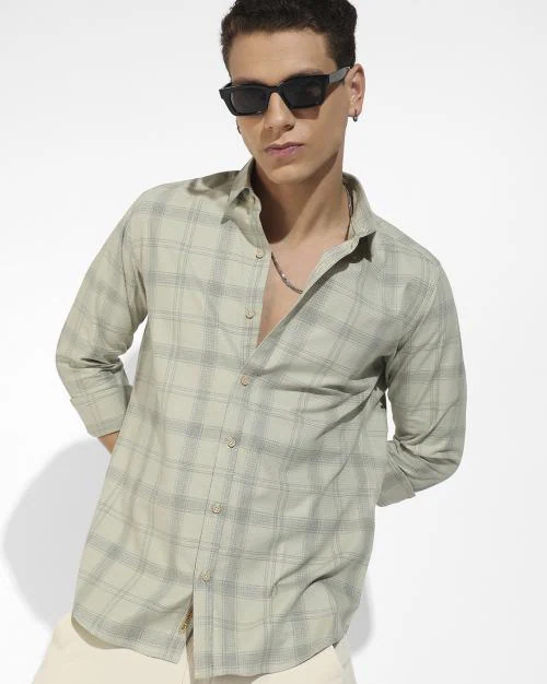 Campus Sutra Men's Sage Green Tartan Plaid Shirt