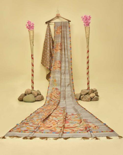 HALFSAREE STUDIO Madhubani Printed Saree In Gray Color