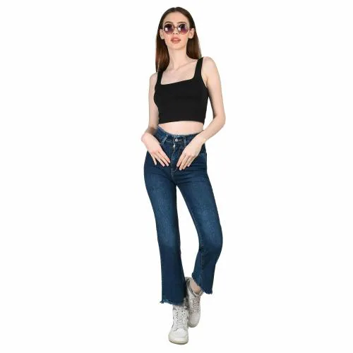 SKOTE Solid Denim Frayed Hem Stretchable High Waist Straight Feet Jeans for Women's (Color:-Dark Blue, Size:-28)