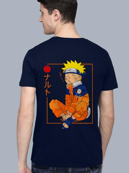 BLISSINK Naruto Anime Front And Back Printed Navy Blue Cotton Tshirt for Men