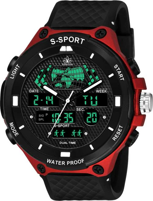 Reborn Alarm Chrono Waterproof Shockproof Outdoor Sports Analog-Digital Black Dial Black Textured Strap Watch for Men
