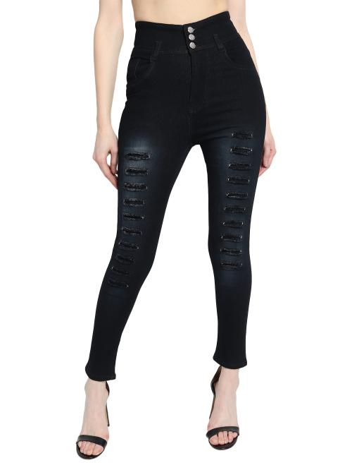 HOVAC Black Three Butoon Damage Design Women Denim Jeans
