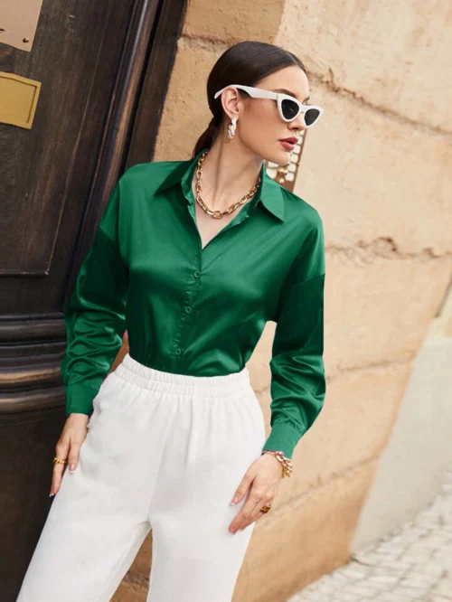 Popwings Casual Women Bottle Green Solid Satin Shirt | Women Trendy Shirt | Women Collar Shirt | Women Spread Collar Shirt