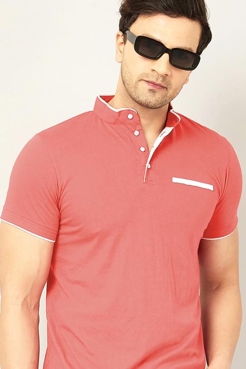 GESPO Peach Solid Mandarin Collar Half Sleeve Casual T-Shirt