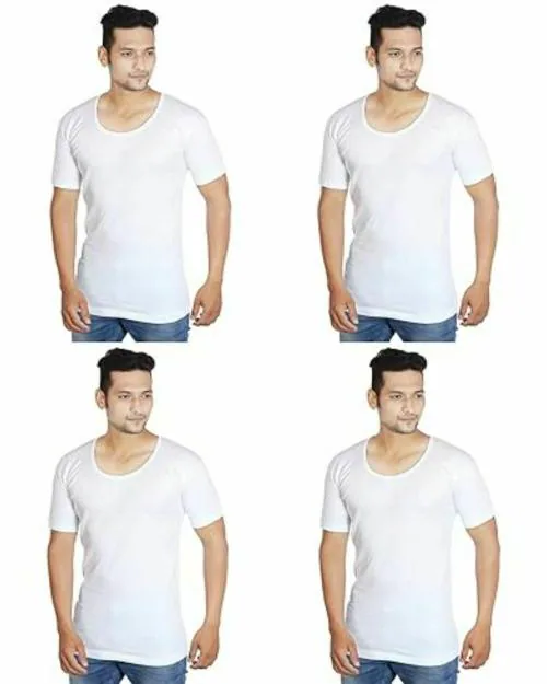 CREPEON 100% Cotton Men's Round Neck Half Sleeves Vest| Pack of 4 | White| S