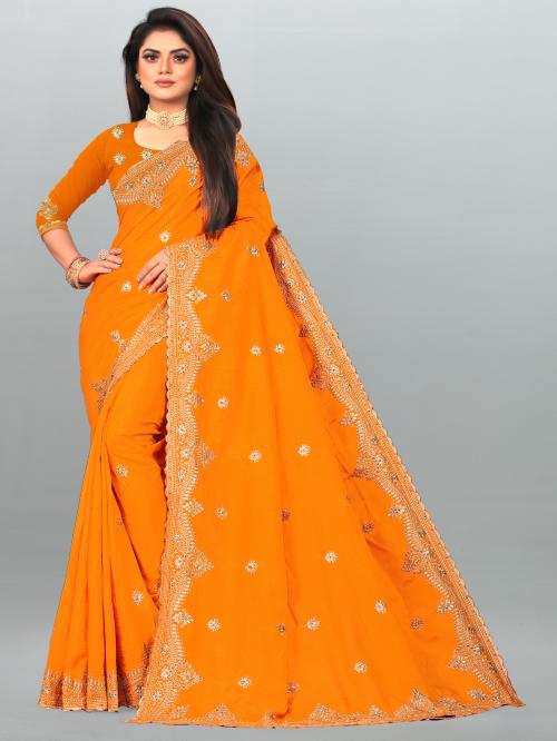 VBHP FASHION Woman's Embroidered Art Silk Light Weight Casual Wear Saree With Unstitched Blouse-Mustard