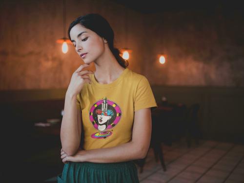 NONSENSE ON FASHION Female Head With Rocket Colorful Printed T-Shirt Funky Style In Half Sleeves - Mustard - Medium